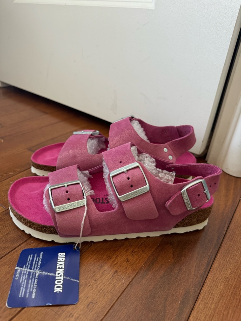 Birkenstock Milano Suede Leather Shimmering Fuchsia Tulip Sandals in 37
